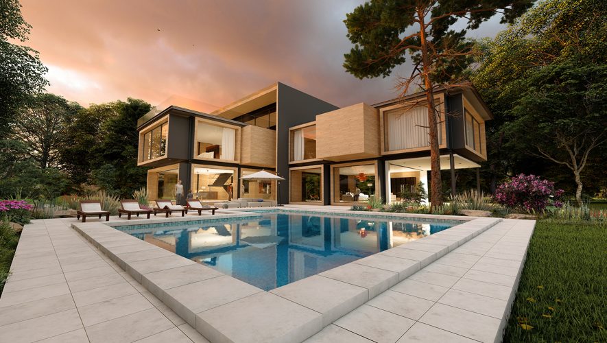 3D rendering of a large modern contemporary house in wood and concrete in early evening